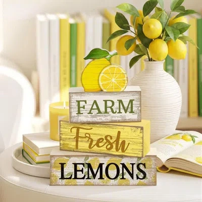 Citrus Summer Lemon Table Decor Set Of 4, Farm Fresh Lemons Wooden Block Signs, Rustic Tiered Tray Decorati In Multi