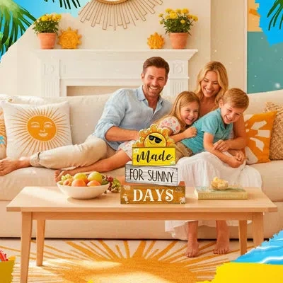 Citrus Summer Table Decor Set Of 4, Wooden Sun And Beach Tiered Tray Decorations, Rustic Seasonal Block Sig In Yellow;red Wood;white Wood