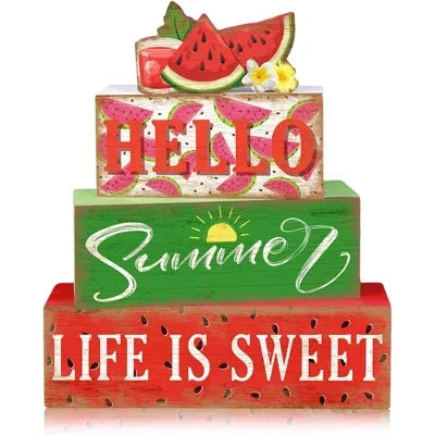 Citrus Summer Watermelon Tiered Tray Decor Set Of 4, Life Is Sweet Wooden Table Decorations, Farmhouse Rust