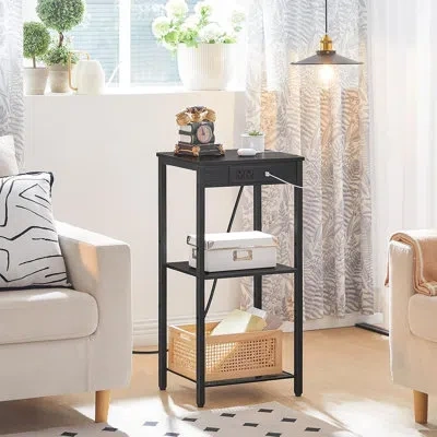 Citrus Tall End Table With Charging Station, 3-tier Narrow Nightstand With Adjustable Shelf, Slim Side Tabl In Black