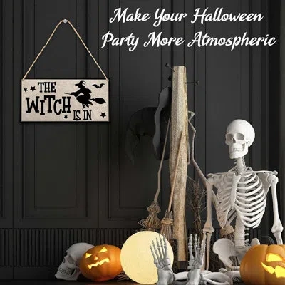 Citrus “the Witch Is In” Halloween Wooden Door Sign – 5" X 10" Spooky Wall Décor In Black;beige