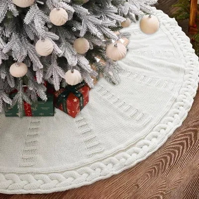 Citrus White Chunky Cable Knit Christmas Tree Skirt – Thick Rustic Farmhouse Tree Base Decor For Holiday Ho