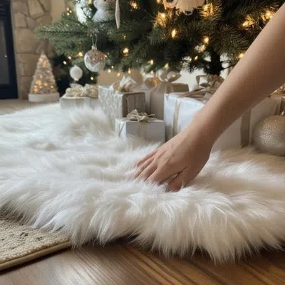 Citrus White Faux Fur Christmas Tree Skirt, Luxury Plush Double-layer Tree Base Cover For Holiday Home Déco