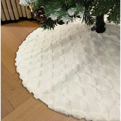 Citrus White Faux Fur Christmas Tree Skirt With Cable Knit Trim – Thick Plush Winter Holiday Tree Base Deco