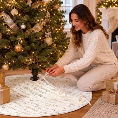 Citrus White Faux Fur Christmas Tree Skirt With Gold Stamped Stripe & Fabric Bows – Modern Farmhouse Holida In Gold;white