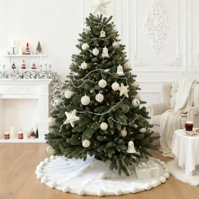 Citrus White Faux Fur Christmas Tree Skirt With Pom-pom Trim – Soft Plush Snowy Holiday Tree Base Decor