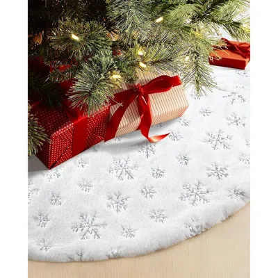 Citrus White Faux Fur Christmas Tree Skirt With Silver Sequin Snowflakes