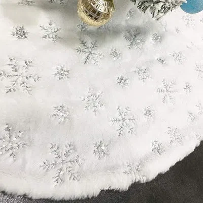 Citrus White Faux Fur Christmas Tree Skirt With Silver Sequin Snowflakes, Soft Plush Double-layer Holiday T