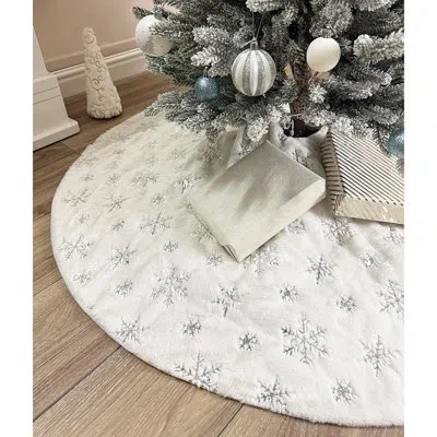 Citrus White Faux Fur Christmas Tree Skirt With Silver Sequin Snowflakes, Soft Plush Double-layer Holiday T