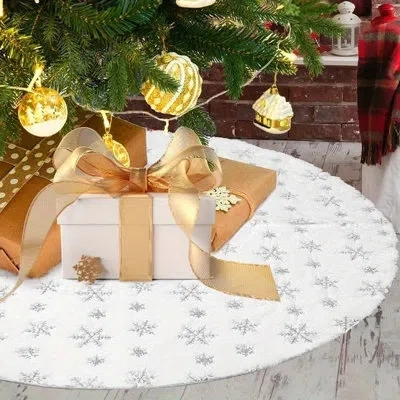 Citrus White Faux Fur Christmas Tree Skirt With Silver Snowflake Sequins – Soft Plush Winter Holiday Tree B In White;gray