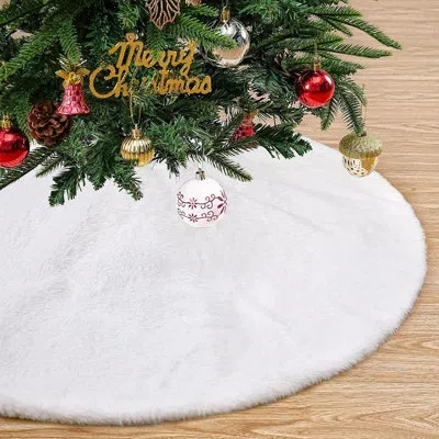 Citrus White Plush Faux Fur Christmas Tree Skirt – Soft Holiday Tree Base Mat & Festive Home Decor