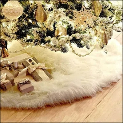 Citrus White Plush Faux Fur Christmas Tree Skirt – Soft Snowy Holiday Tree Base Decoration