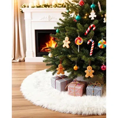 Citrus White Plush Faux Fur Christmas Tree Skirt – Soft Snowy Holiday Tree Base Mat & Home Decor