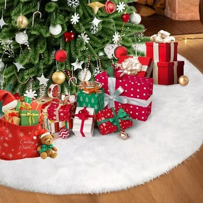Citrus White Plush Faux Fur Christmas Tree Skirt – Soft Snowy Holiday Tree Mat Decor