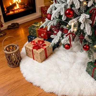 Citrus White Plush Faux Rabbit Fur Christmas Tree Skirt – Soft Snowy Tree Base Mat For Holiday Home Decor