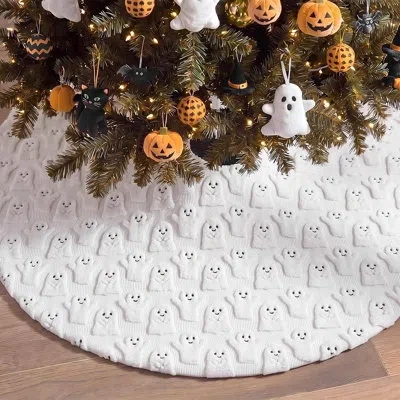 Citrus White Plush Halloween Ghost Tree Skirt With 3d Ghosts – Faux Fur Spooky Tree Base Decor For Hallowee
