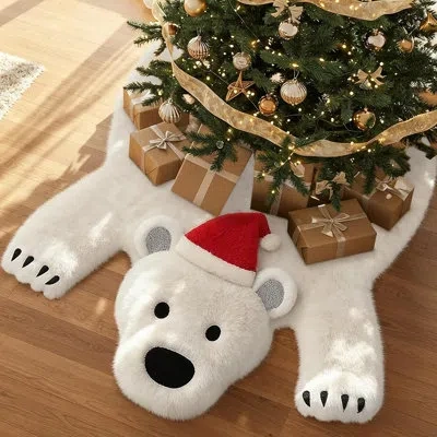 Citrus White Polar Bear Faux Fur Christmas Tree Skirt, 3d Plush Bear Design With Santa Hat For Festive Holi