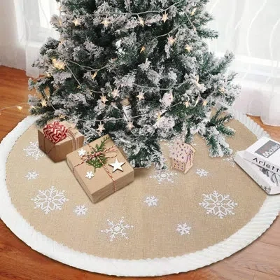 Citrus White Snowflake Burlap Christmas Tree Skirt – Rustic Farmhouse Tree Base Decor With Glitter Accents