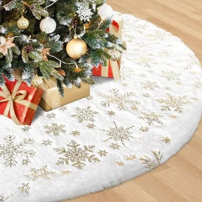Citrus White Snowflake Christmas Tree Skirt, Soft Fluffy Xmas Tree Mat With Non-slip Backing, Elegant Holid