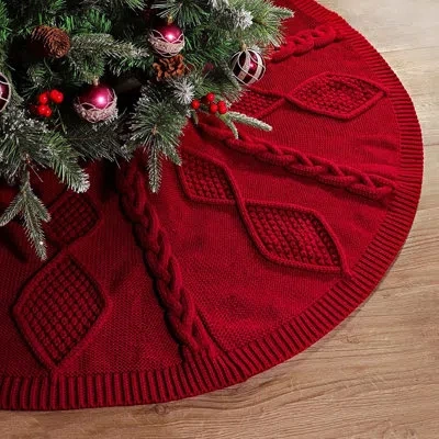 Citrus Wine Red Diamond Cable Knit Christmas Tree Skirt, Rustic Farmhouse Holiday Decor