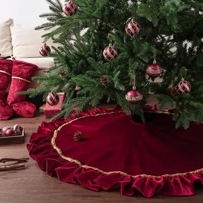 Citrus Wine Red Velvet Christmas Tree Skirt With Gold Trim & Bow – Plush Ruffled Vintage Royal Holiday Tree