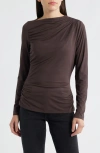 City Blues Asymmetric Boat Neck Top In Brown