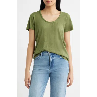 City Blues Braided Neck Relaxed Fit Cotton T-shirt In Green
