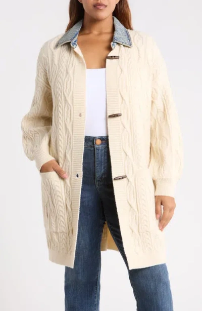City Blues Denim Collar Cable Knit Cardigan In Neutral