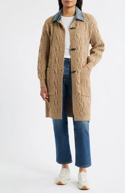 City Blues Denim Collar Cable Long Cardigan In Brown