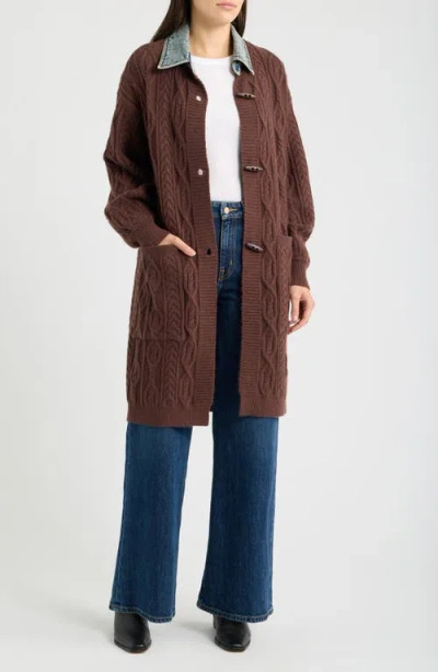 City Blues Denim Collar Cable Long Cardigan In Chocolate