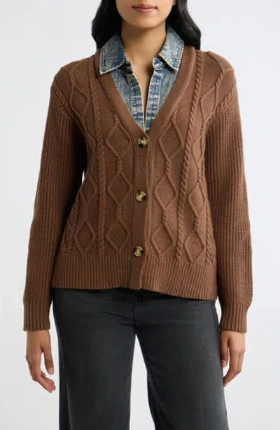 City Blues Denim Trim Cable Stitch Cardigan In Brown