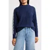 City Blues Embroidered Sleeve Mock Neck Sweater In Blue