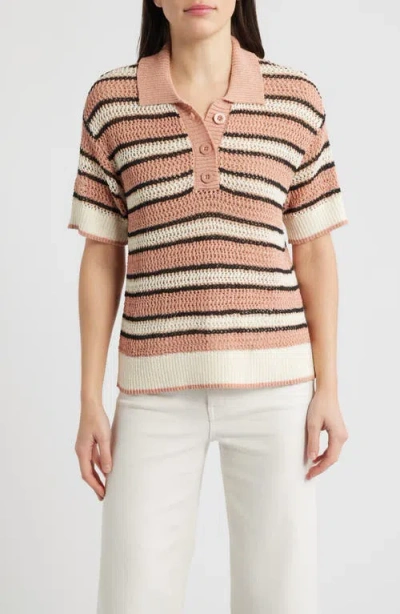 City Blues Open Knit Polo Sweater In Pink