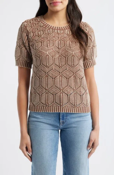 City Blues Open Stitch Short Sleeve Sweater In Brown