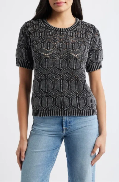 City Blues Open Stitch Short Sleeve Sweater In Gray