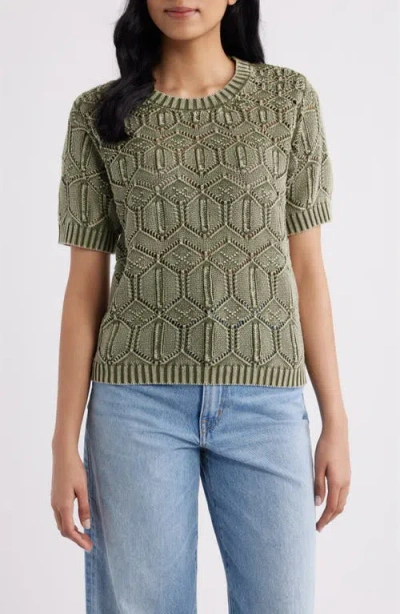 City Blues Open Stitch Short Sleeve Sweater In Green