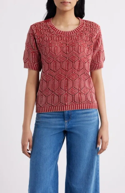 City Blues Open Stitch Short Sleeve Sweater In Red
