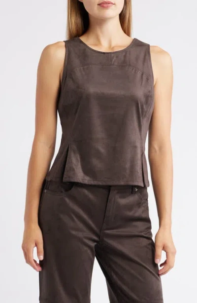 City Blues Pleated Hourglass Sleeveless Faux Suede Top In Brown