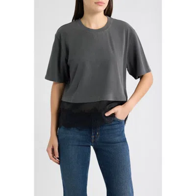 City Blues Satin & Lace Trim Stretch Cotton T-shirt In Gray