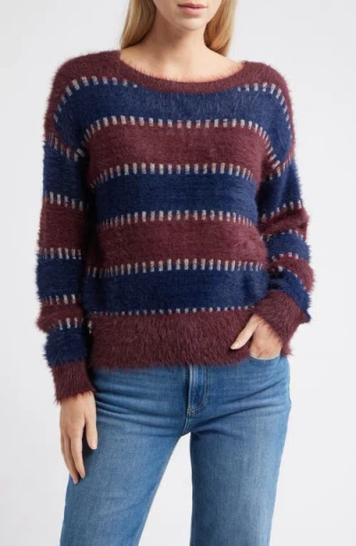 City Blues Stripe Metallic Boat Neck Sweater In Burgundy