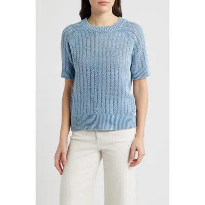 City Blues Washed Openwork Knit Rib Short Sleeve Sweater