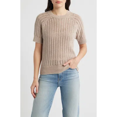 City Blues Washed Openwork Knit Rib Short Sleeve Sweater In Gray