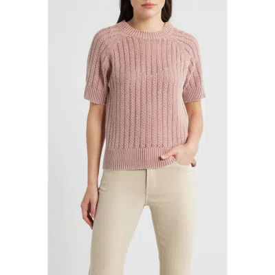 City Blues Washed Openwork Knit Rib Short Sleeve Sweater In Pink