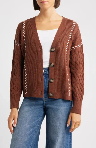City Blues Whipstitch Cable Cardigan In Brown