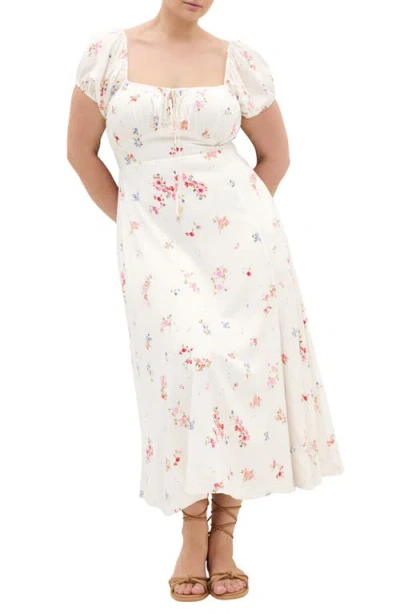 City Chic Abbie Floral Short Sleeve Midi Sundress In White