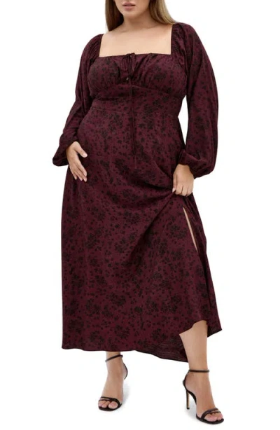 City Chic Abbigail Long Sleeve Floral Print Dress In Brown