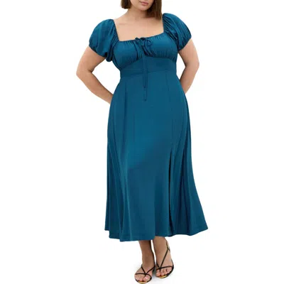 City Chic Abbigail Midi Peasant Dress In Blue