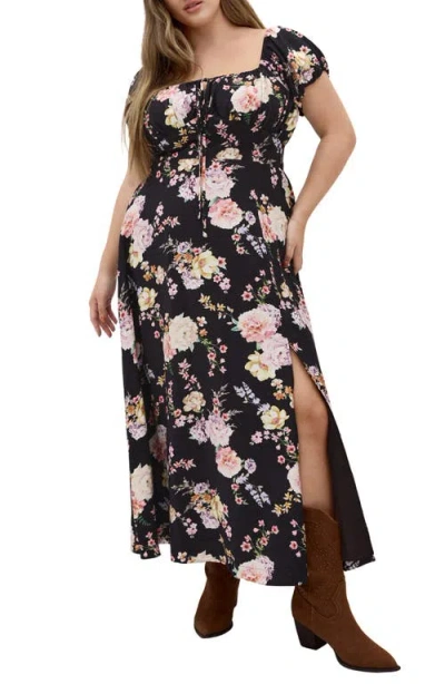 City Chic Abbigail Print Puff Sleeve Maxi Dress In Black