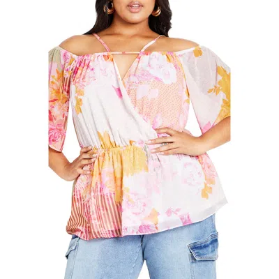 City Chic Adelina Cold Shoulder Peplum Top In Pink