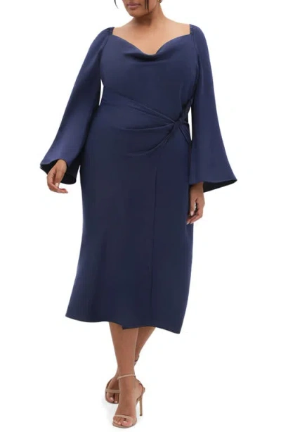 City Chic Adelina Long Sleeve Satin Midi Dress In Blue